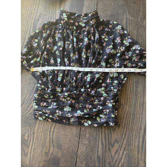 Zara Crop Black Sheer Floral Blouse Y2K Long Sleeve high mock neck keyhole sz S - Picture 13 of 15
